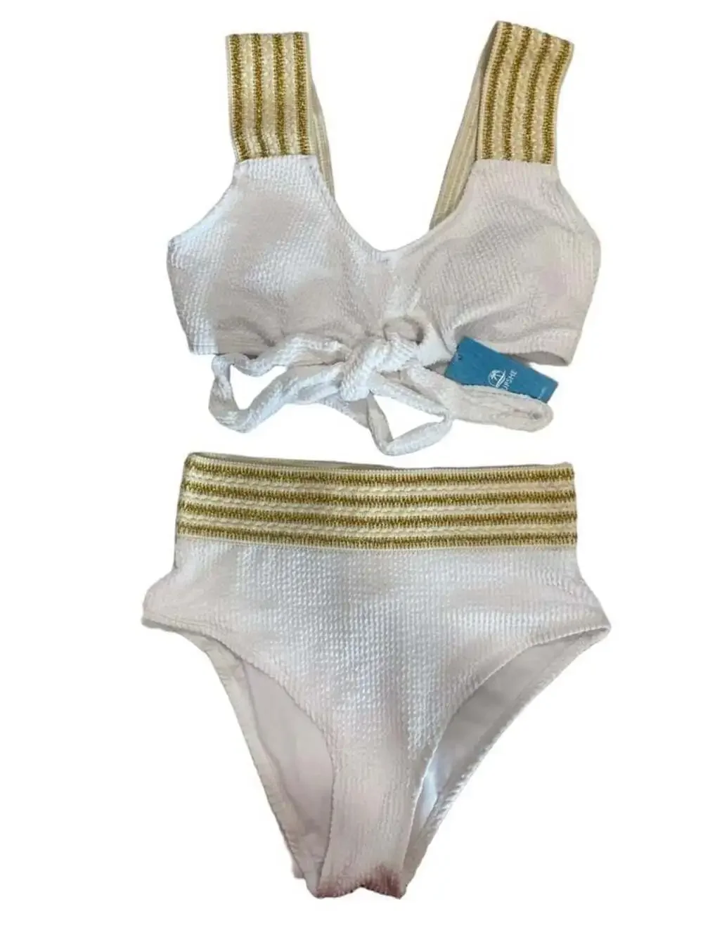 NEW Cupshe Metallic Striped Wrap Bralette and High Waist Bikini Set White and Go